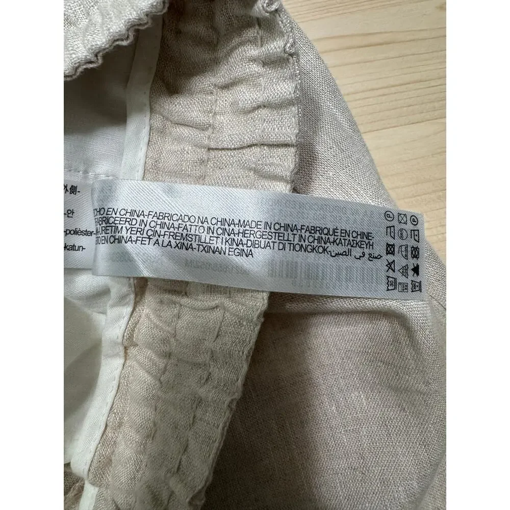 ZARA Linen Pull On Pants Womens Medium Cream Elastic Wasit Pockets High Rise